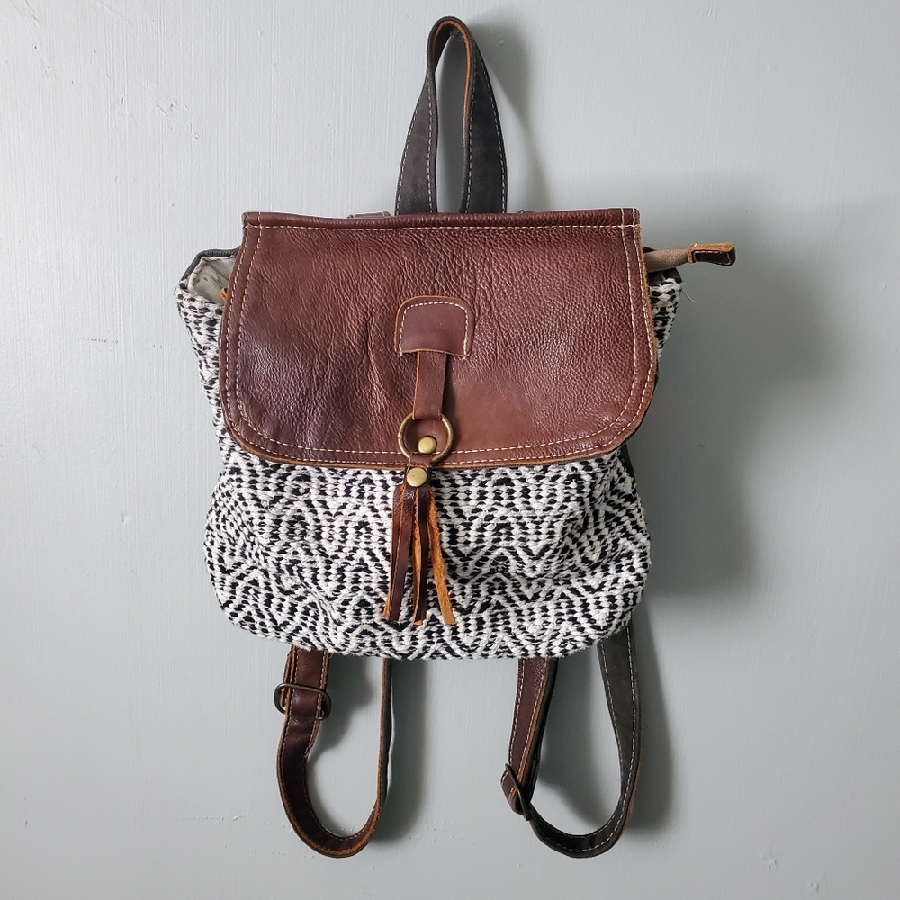 Myra Bag | Leffis Boho Upcycled Canvas Leather Tassel Rug Backpack